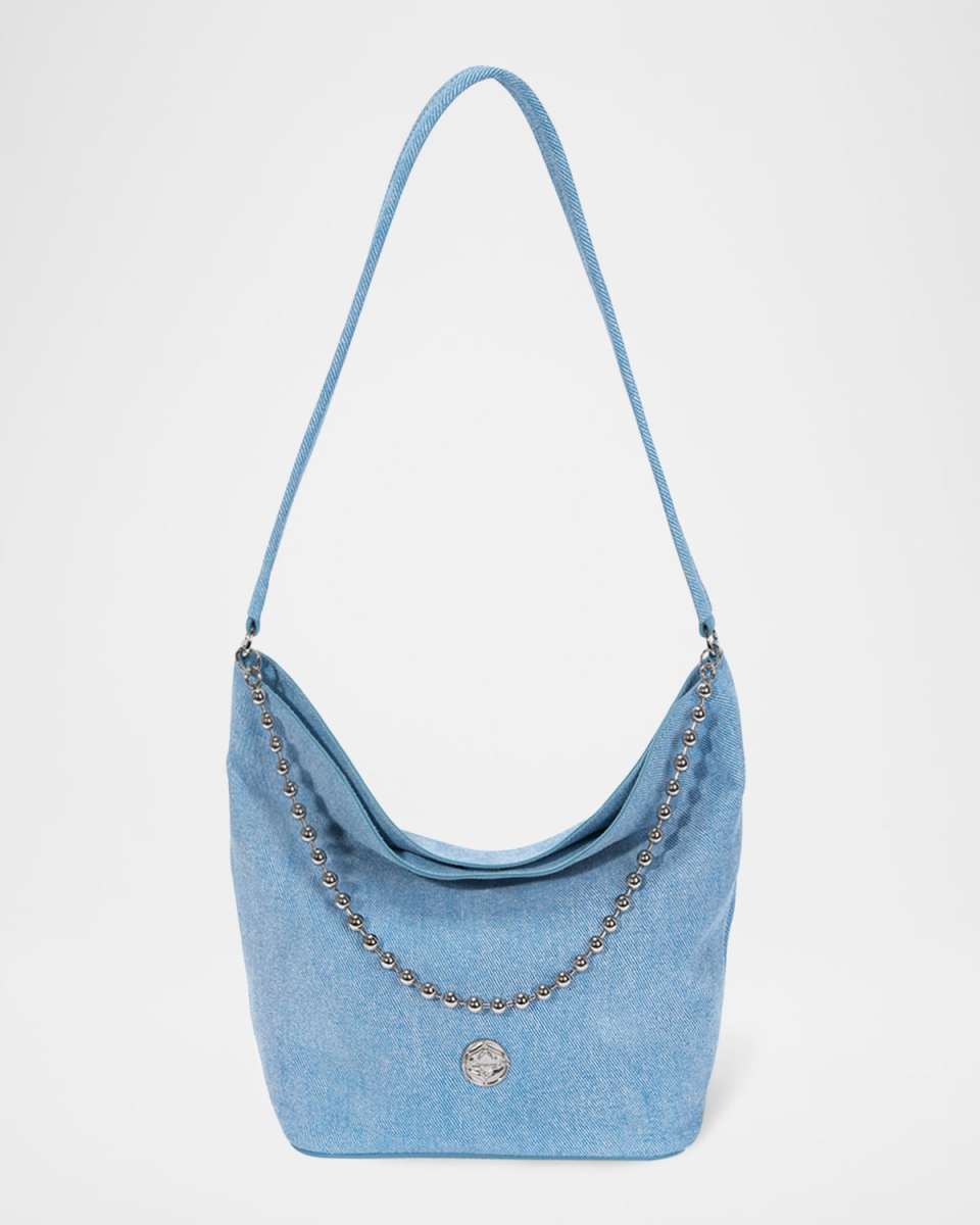 Ball Chain Denim-Print Leather Bucket Bag